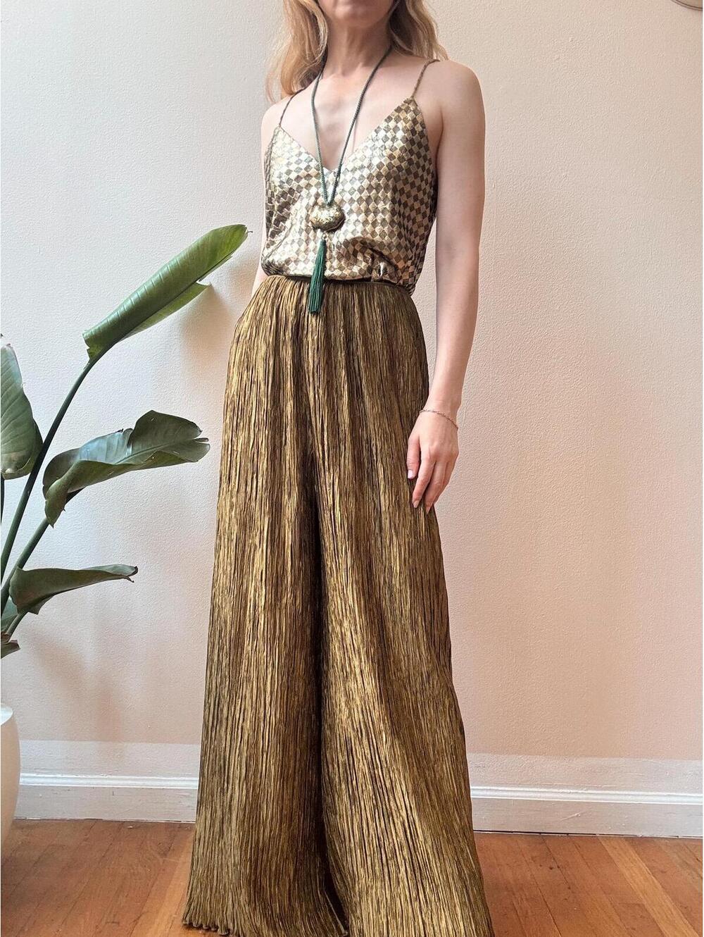 Vintage 1980s Mary McFadden for Saks Green Silk Plisse Pleated Palazzo pants